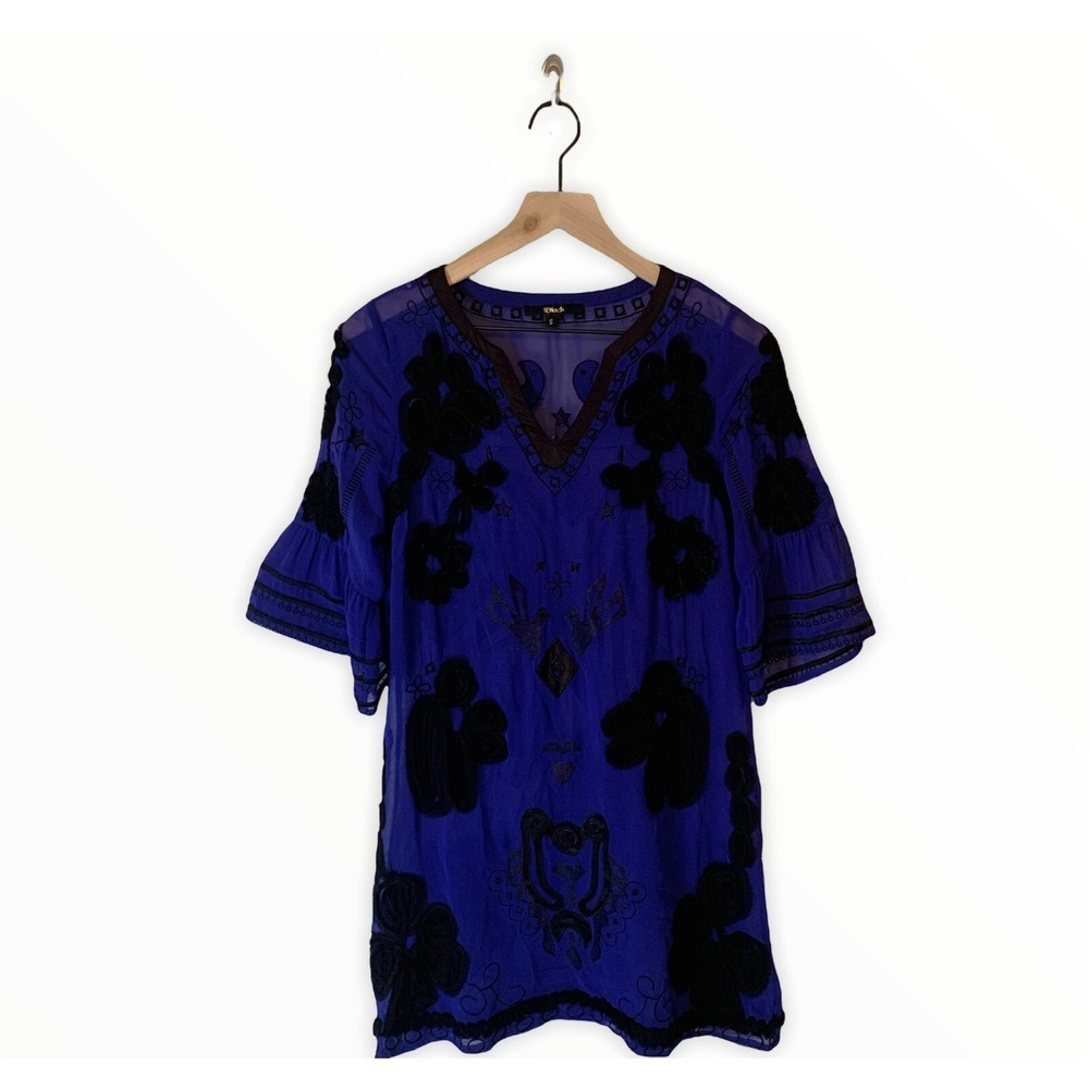 Galita Black‎ Womens Blue And Black Embroidered Sheer Tunic Size Small